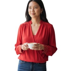 XOXO RED BLOUSE W/STUDDED CUFFS  SZ.XS EUC